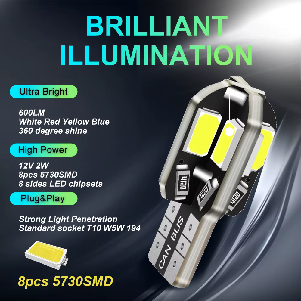 10/20 pièces W5W T10 ampoule LED Canbus 5730 8SMD 12V 6000K 194 168 LED carte de voiture dôme lumières feu de stationnement lampe de signalisation automatique