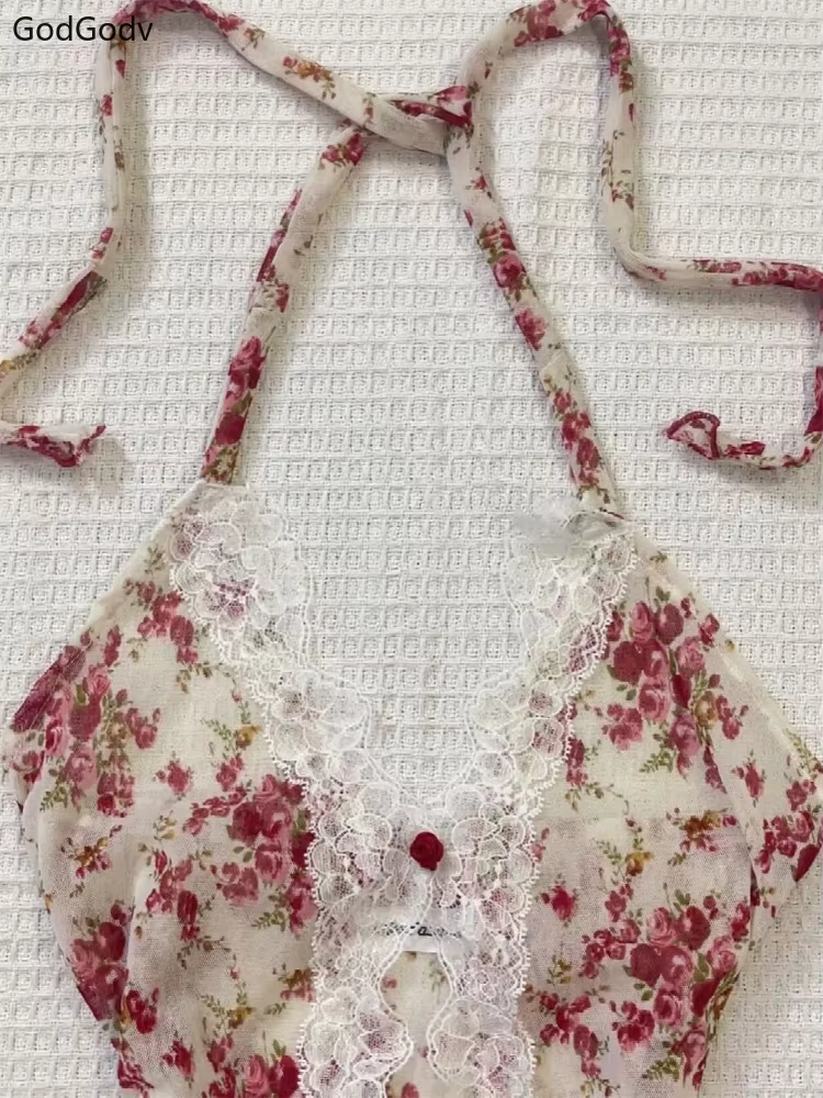 2025 été femme Floral licou dentelle Blouse 2025 Vintage Sexy Slim Fit fée mode coréenne