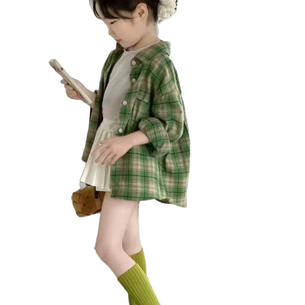 Chemise à carreaux vert Cardigan haut manches longues Grils enfants printemps automne à la mode décontracté doux confortable