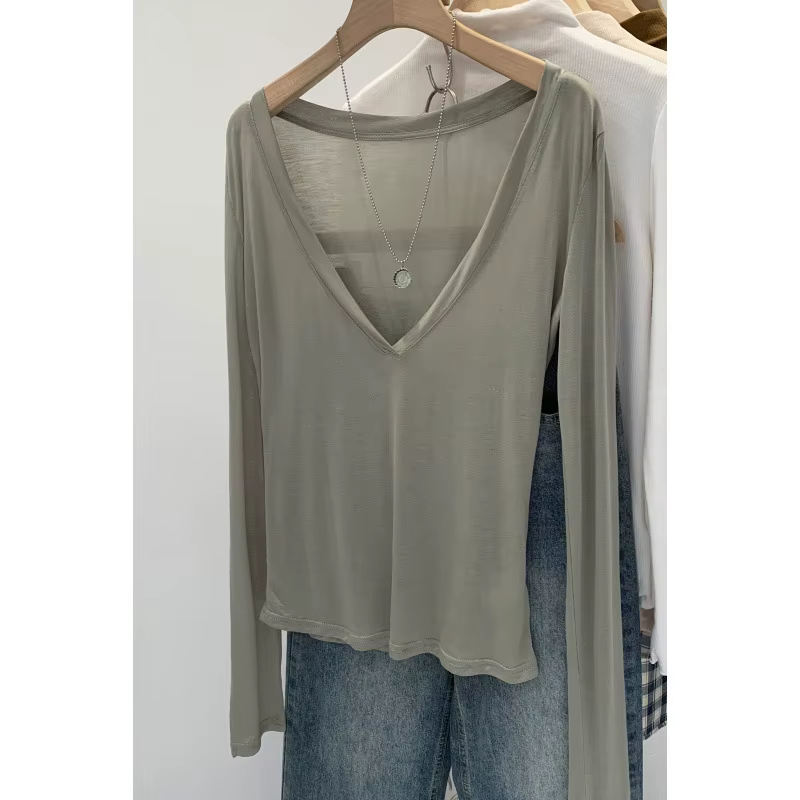 Nouveau T-shirt léger d'été pour femme à col en V et manches longues en fibre de Lyocell
