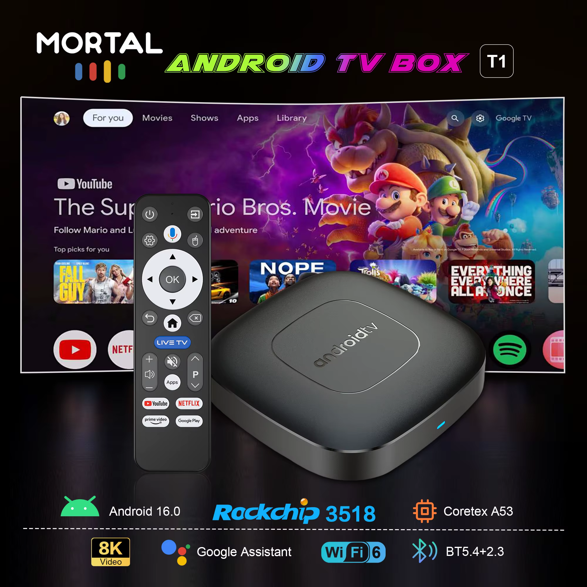 Boîtier TV Android 16 avec assistant Google, commande vocale, 8 Go, 128 Go ou 256 Go, 4K, Wi-Fi 6, Bluetooth 5.0, T1 RK3518, lecteur multimédia vidéo 4K