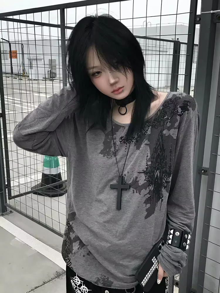 Genayooa gothique imprimé T-shirt femmes à manches longues décontracté Y2k Vintage Grunge hauts