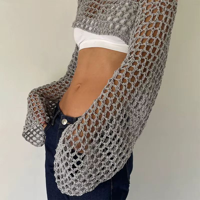 Haut court en crochet à manches longues pour femmes