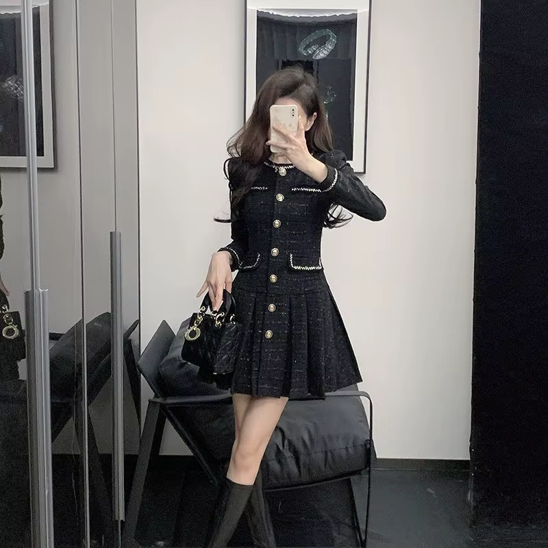 Robe noire élégante de Style Tweed français pour femmes, nouvelle collection printemps automne 2026, amincissante, ajustée à la taille, Chic, Socialite