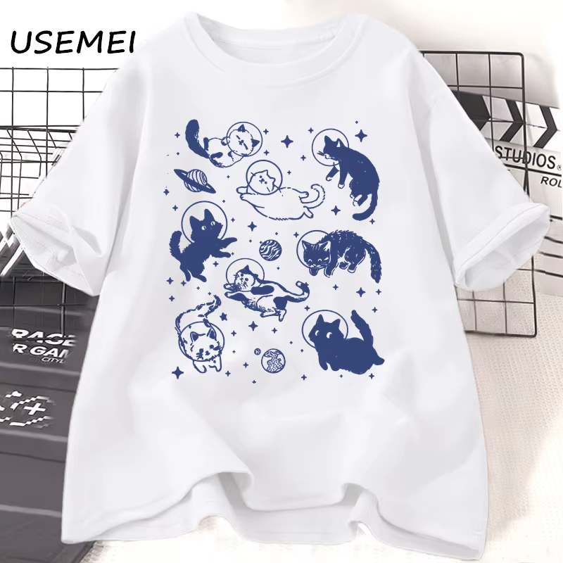 T-shirt imprimé chats dans l'espace pour femmes et hommes
