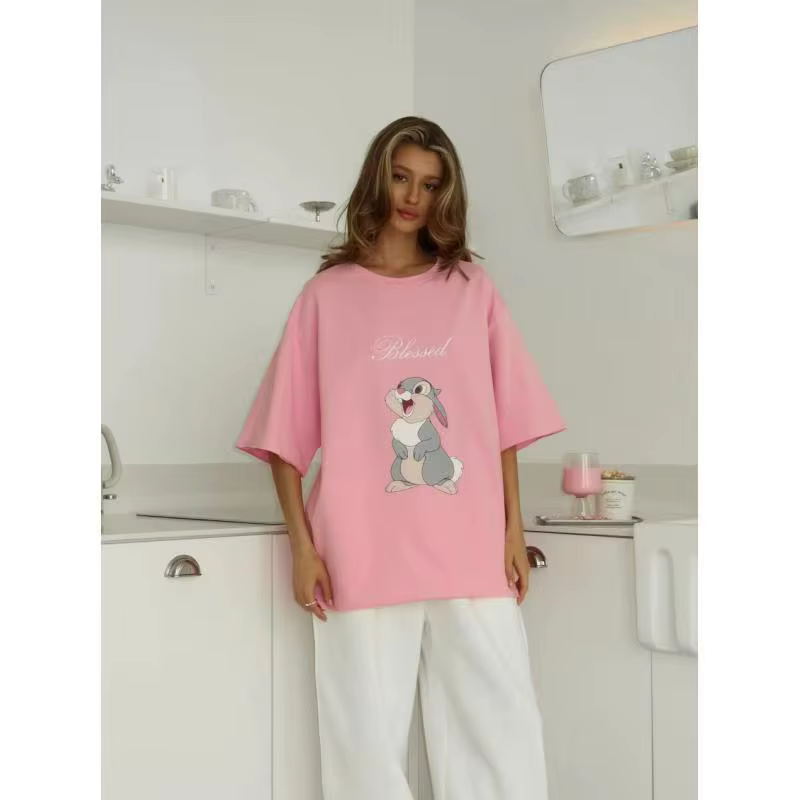 Kawaii lapin imprimé blanc 100% coton américain décontracté Streetwear femmes t-shirt à manches courtes col rond