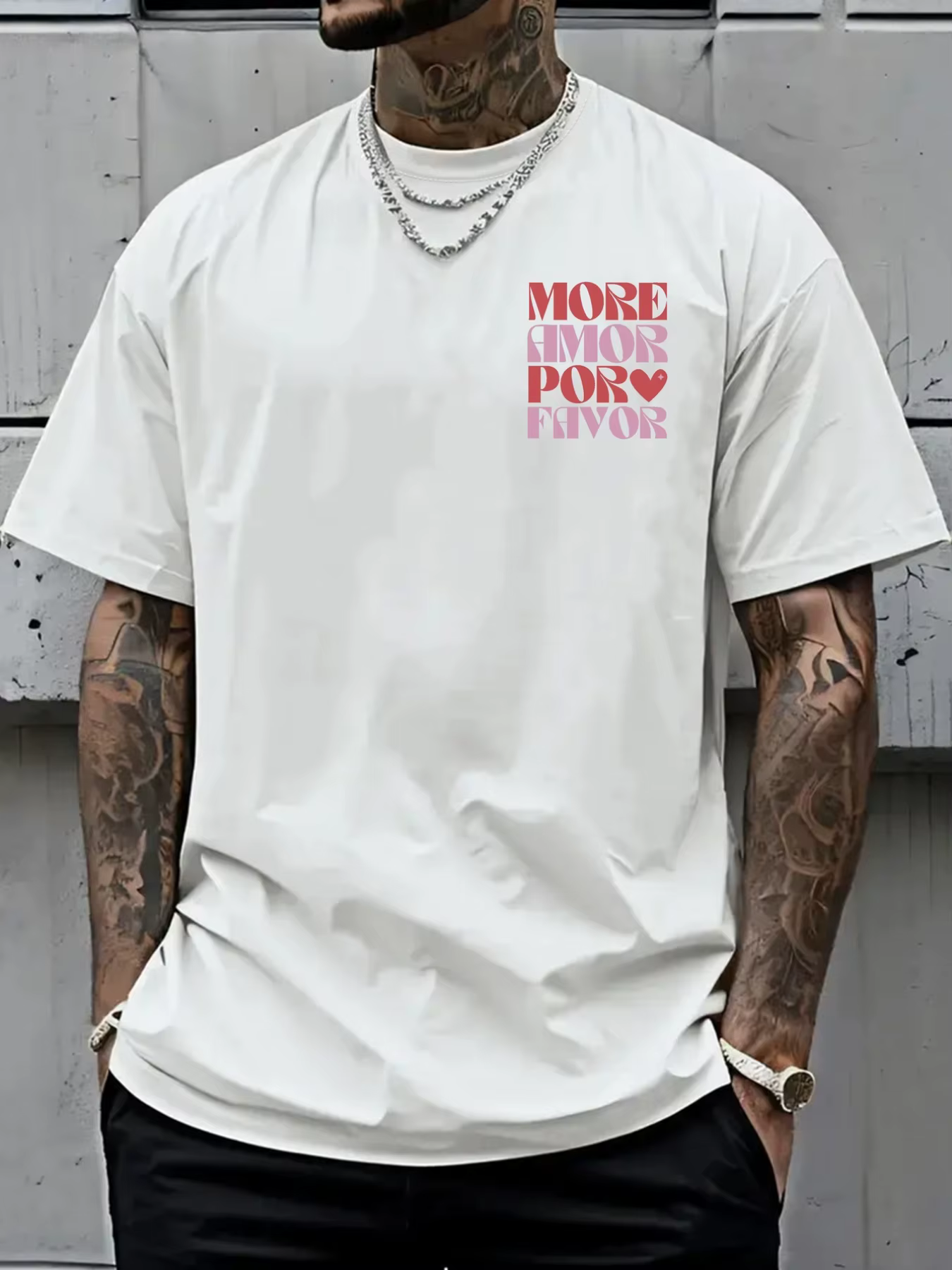 T-shirt pour homme en coton 100% doux de qualité supérieure avec impression de citation d'amour « More Amor Por Favor »