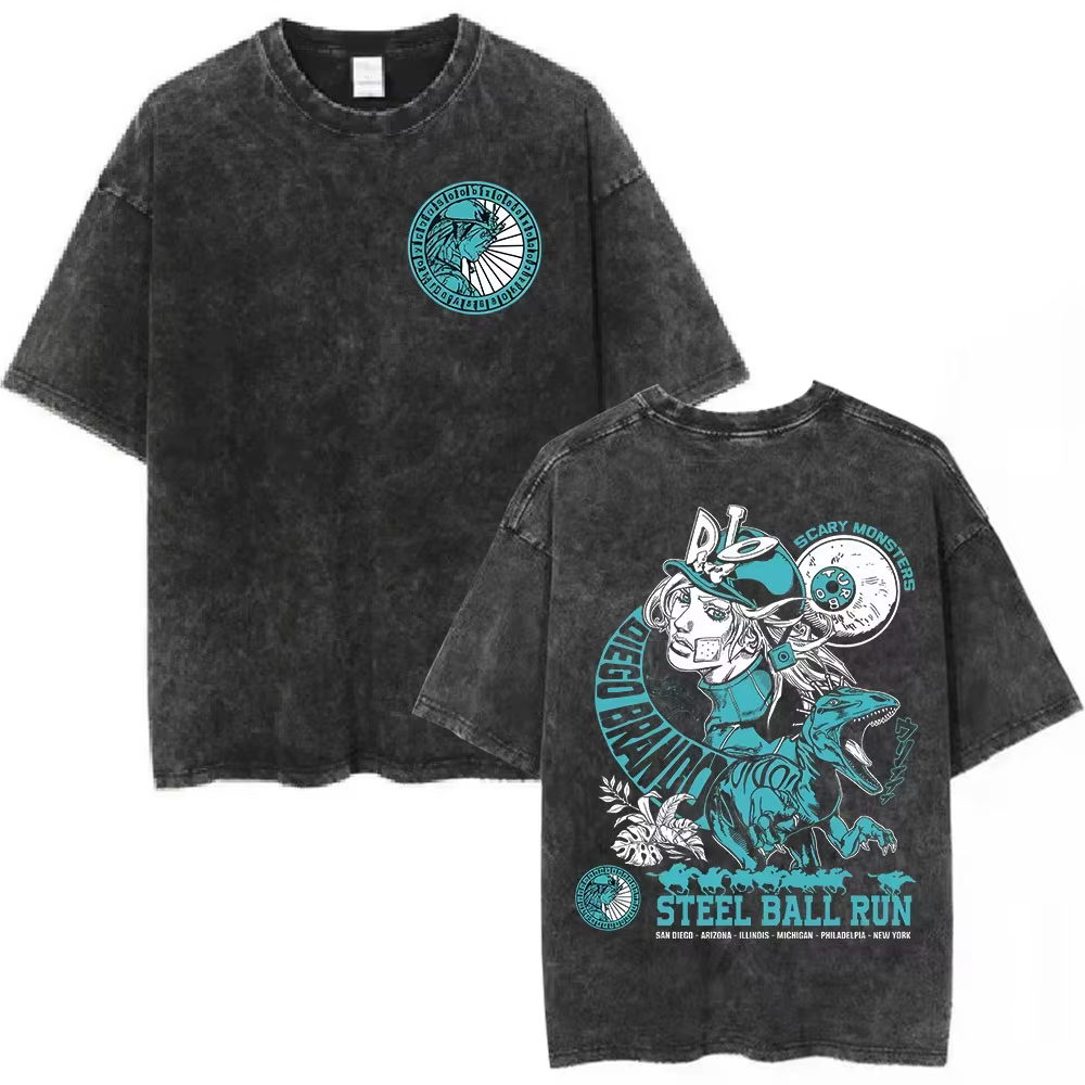 T-shirt délavé Anime Jojo Bizarre Adventure STEEL BALL RUN Diego Brando Manga Y2K pour hommes et femmes