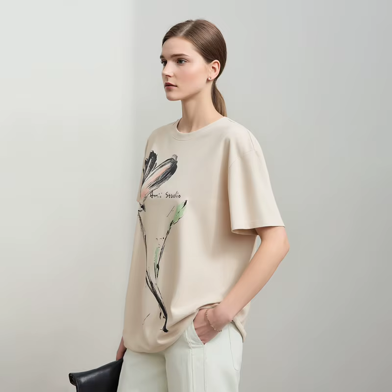 T-shirt femme Amii 2026 – Nouvelle collection été – Coton rafraîchissant – Col rond – Imprimé encre – Coupe ample – Manches courtes – Hauts 12622149