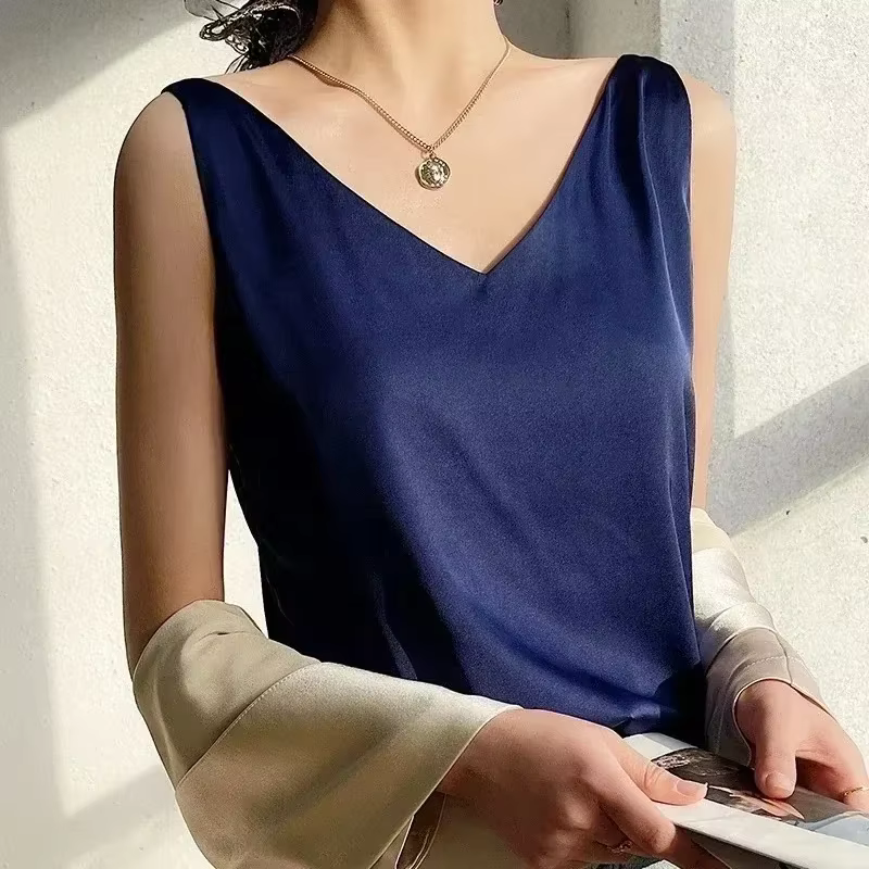 Débardeurs pour femmes sans manches col en V Satin soie Camisole mode été solide gilet ample dames hauts Streetwear