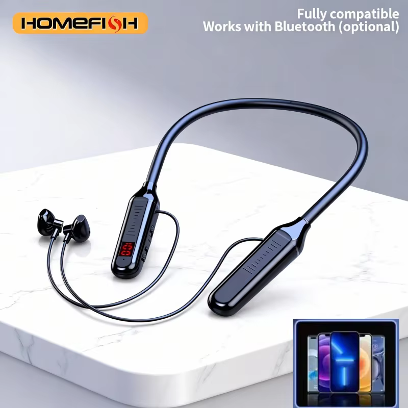 Écouteurs tour de cou Bluetooth sans fil avec fonction d'affichage numérique, écouteurs stéréo de sport semi-intra-auriculaires de grande capacité