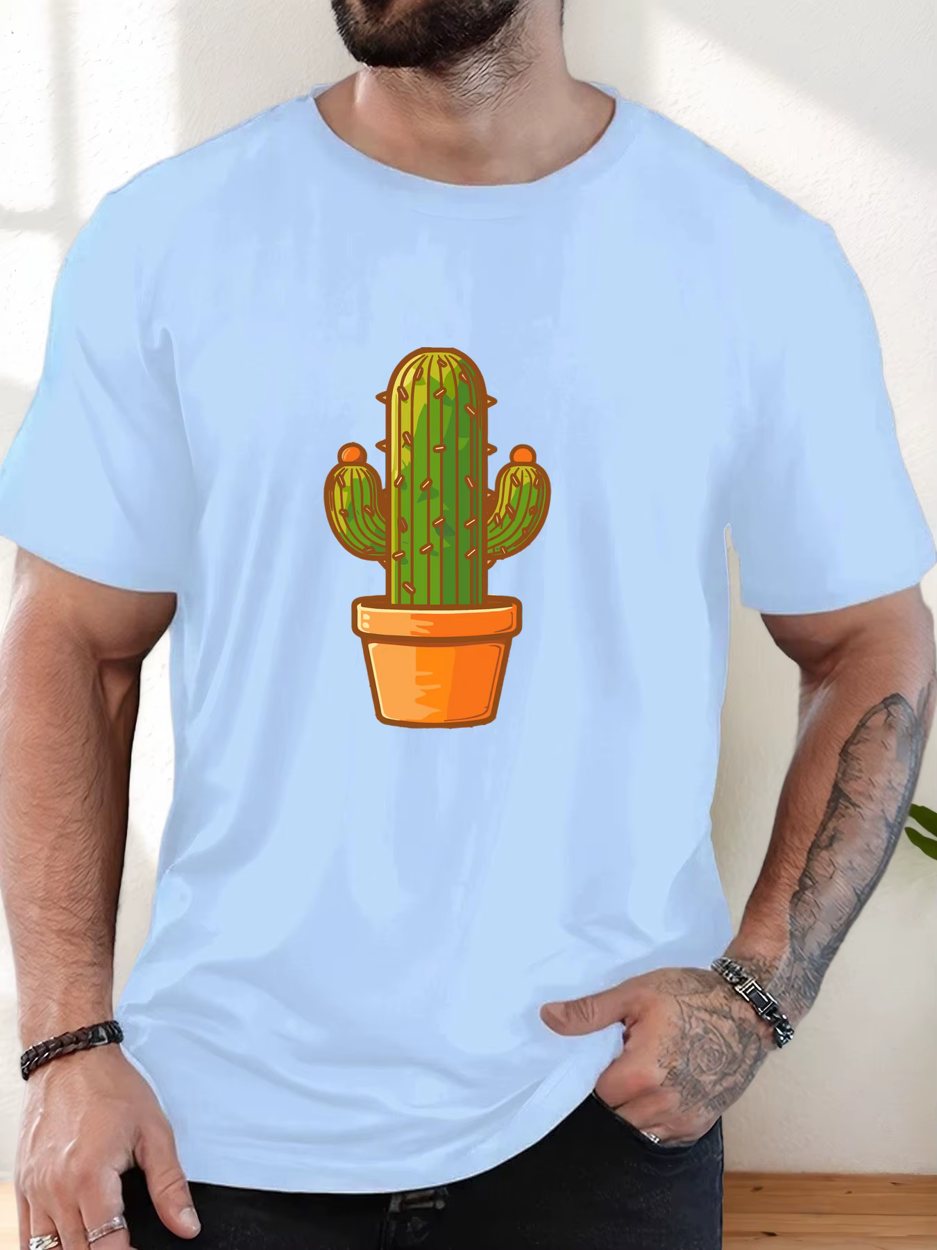 T-Shirt homme 2025 nouveauté mignon Cactus graphique Vibrant vert et Orange imprimé haut élégant quotidien décontracté