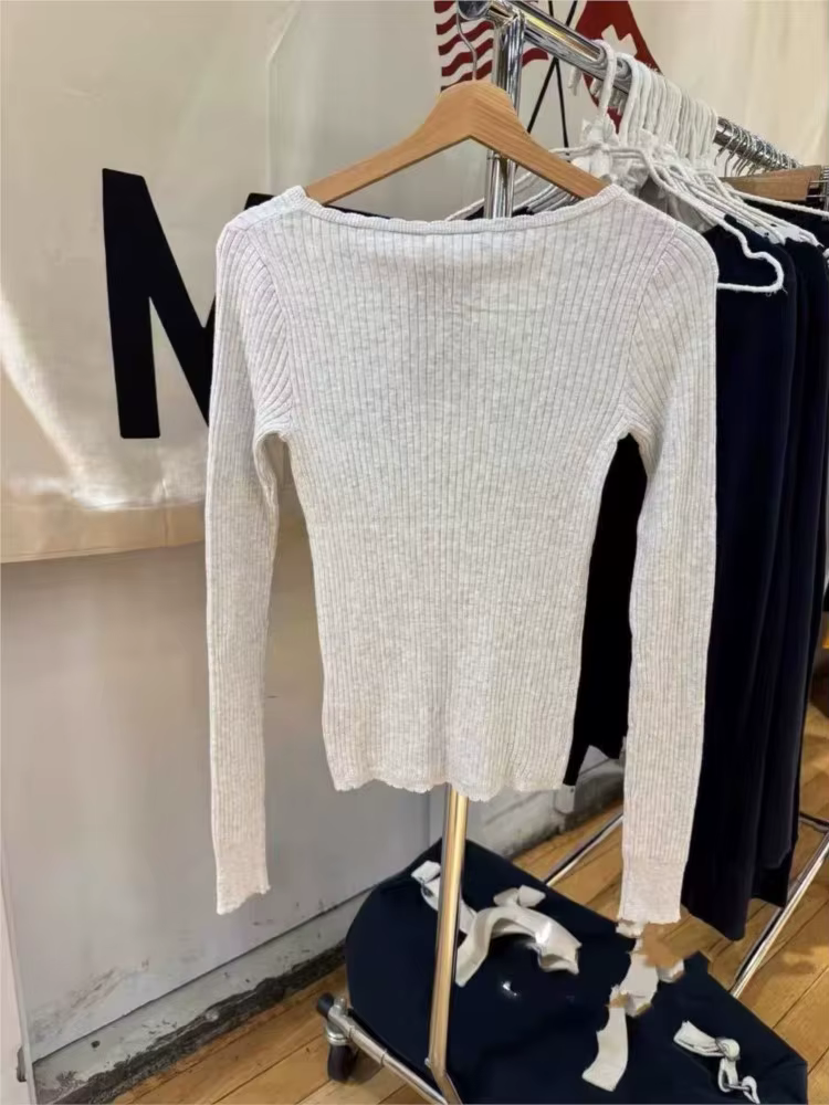 Gris dentelle garniture col à manches longues T-shirts femmes automne torsion tricoté mince nouveau bouton coton
