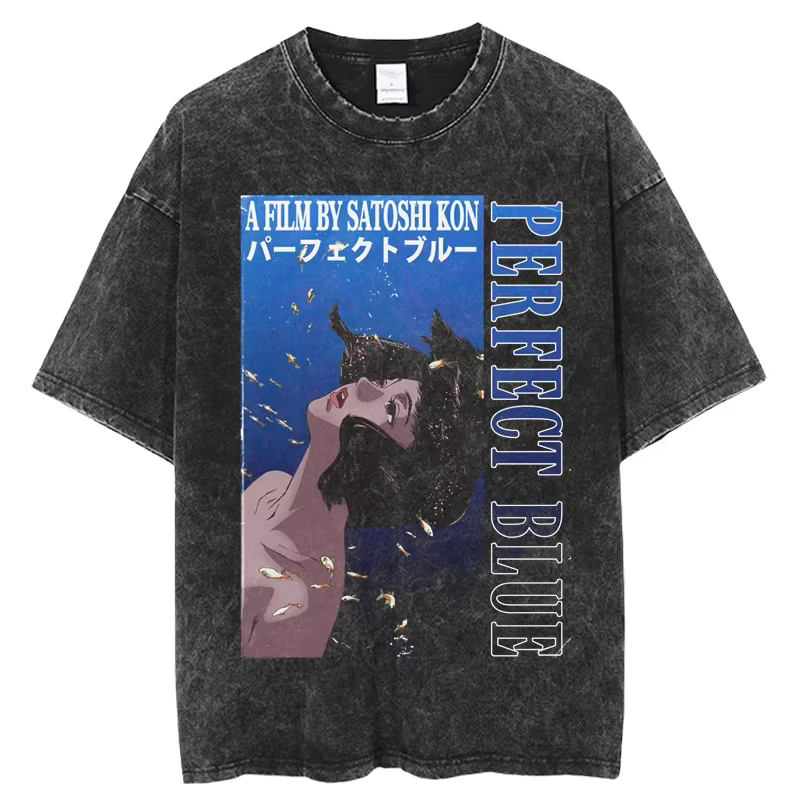 Anime japonais parfait bleu T-shirt hommes femmes vêtements Vintage lavé surdimensionné
