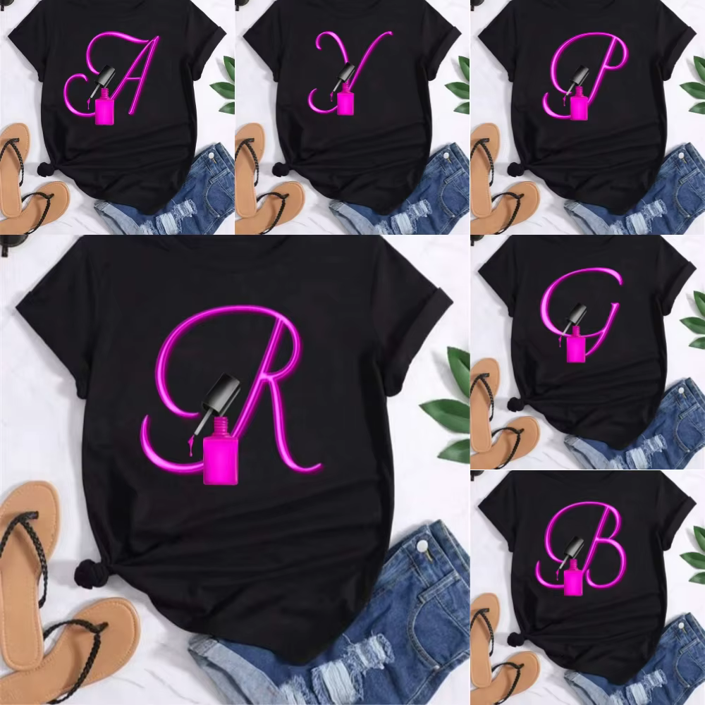 Créatif 26 lettres combinaison mode femmes T-shirt vernis à ongles lettre police A B C DShort manches hauts