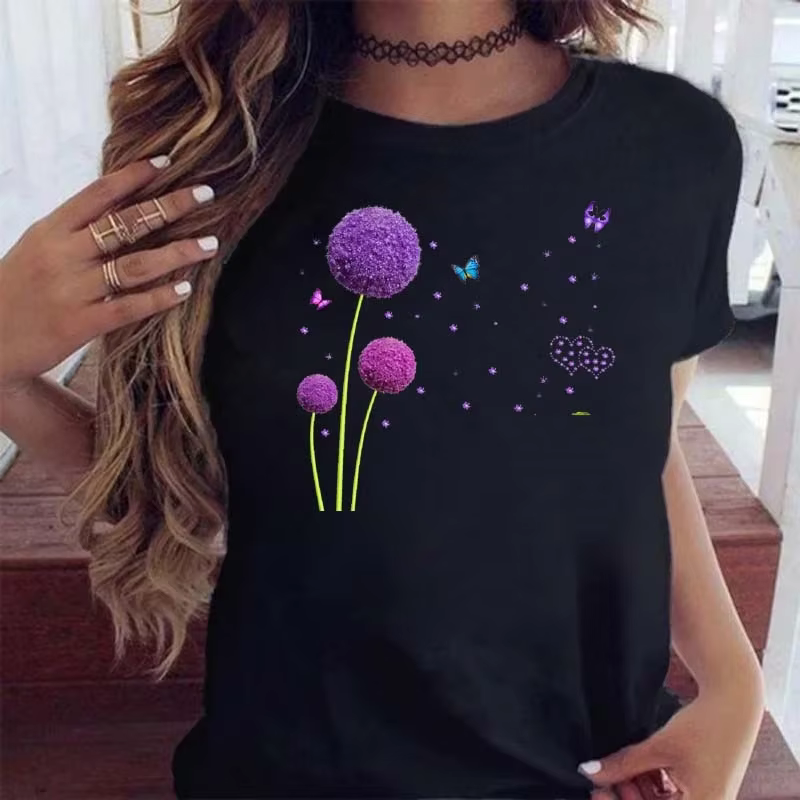 T-shirt à manches courtes pour femme avec imprimé graphique de pissenlit