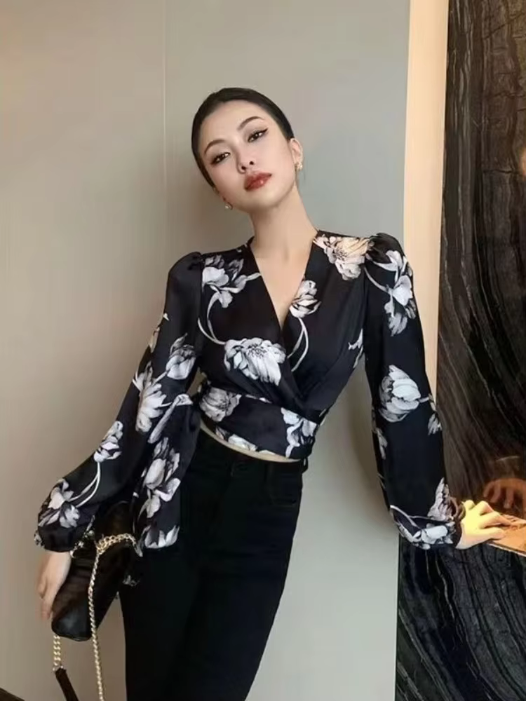 Chemisier femme assez et pas cher Sexy asymétrique Cool Floral beau haut à volants en mousseline de soie tendances chemise en Satin femme jeunesse décontracté