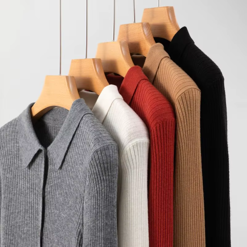 Cardigan en tricot à col polo en laine mérinos 100 % super fine pour femme