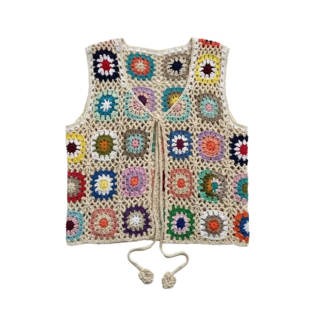 Haut court en maille pour femmes, style Boho, reines, Hippie, arc-en-ciel, ajouré, sans manches, avec pompon, à volants