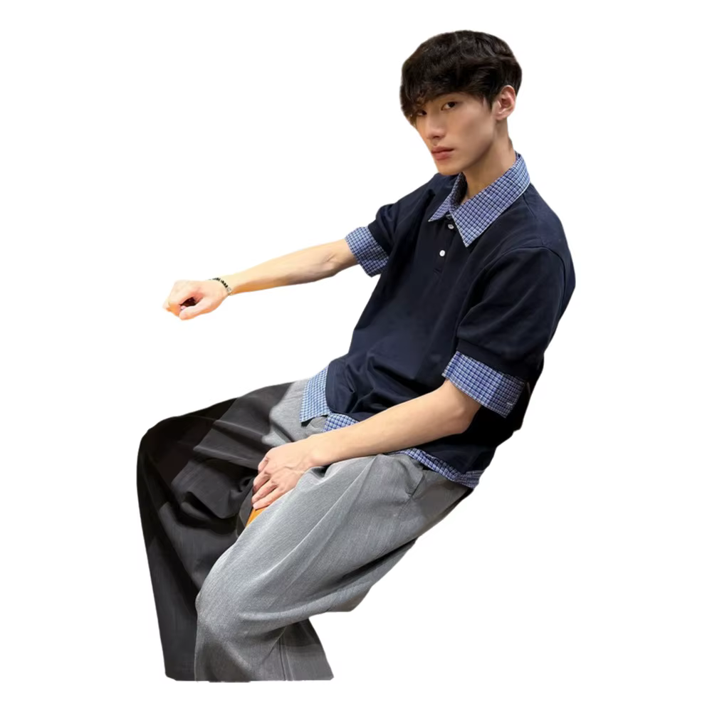Polo à manches courtes à carreaux bleus pour homme, style décontracté urbain d'été, coupe ample avec col montant, effet deux-pièces