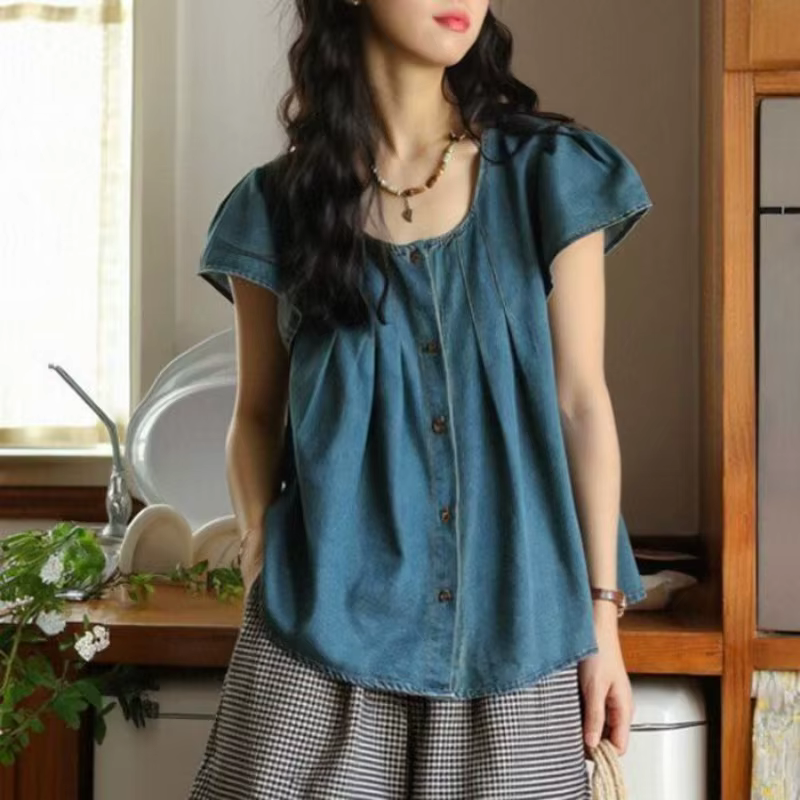 Chemise en jean japonaise à manches courtes pour femme