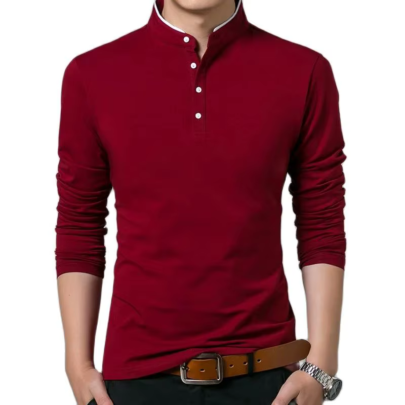 SHiONFA t-shirts en pur coton pour hommes col Mandarin à manches longues chemise confortable simple boutonnage doux supérieur extérieur pour le printemps automne