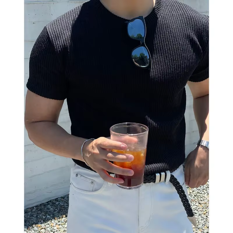 T-shirt côtelé ajusté pour homme - Col rond texturé à manches courtes