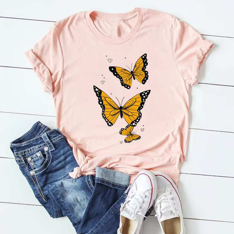 T-shirt à manches courtes imprimé papillon pour femmes