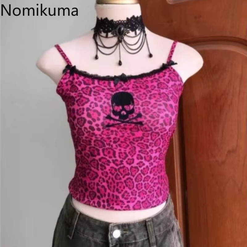 Débardeurs femmes léopard crâne imprimé Sexy Camis Y2k hauts 2025 Ropa Mujer Patchwork dentelle coupe ajustée haut court décontracté mode été gilet