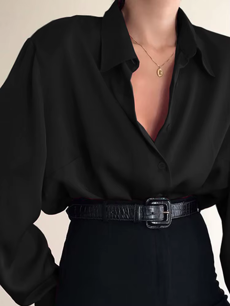 Femmes bouton Blouses col rabattu chemises bureau dame à manches longues Blouse décontractée ample OL chemise Baggy hauts rouge/vin rouge/noir