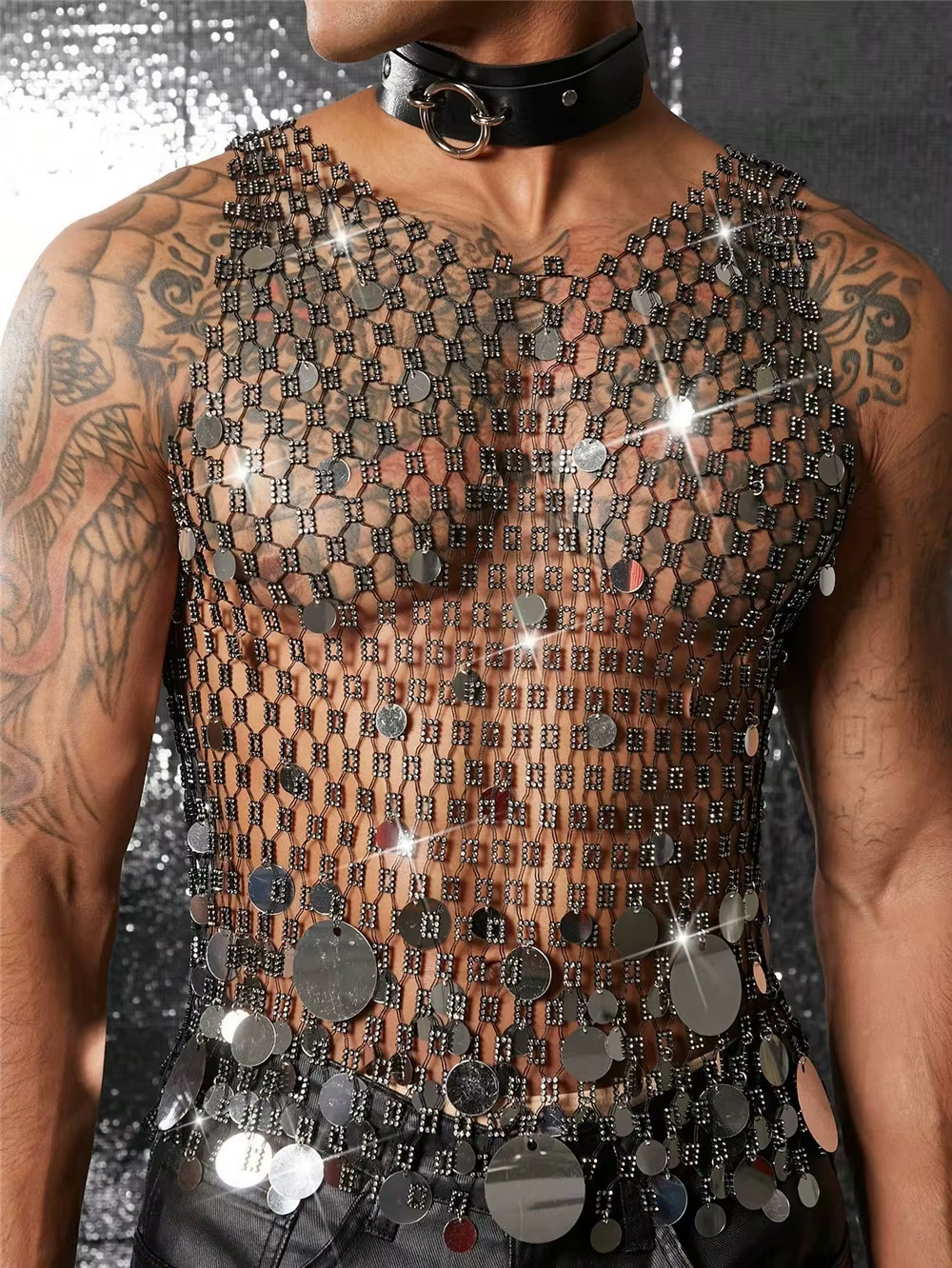 Débardeurs hommes strass résille brillant haut musculaire homme voir à travers gilet rond paillettes sans manches T-Shirt fête discothèque vêtement