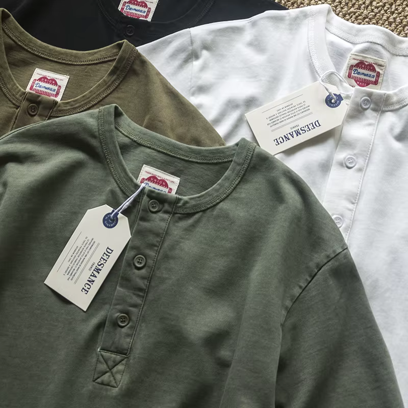 Amekaji élégant Vintage Americana Henley t-shirt-260gsm coton lavé chemise à manches courtes été en détresse Style décontracté