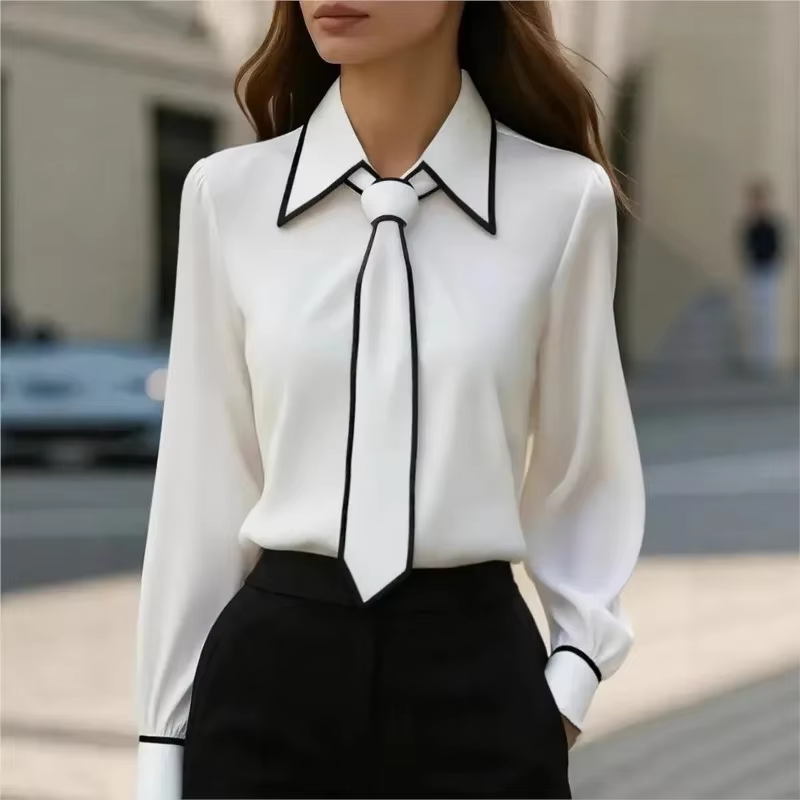 Chemisier pour femmes, chemise à la mode, nœud papillon formel, manches longues, garniture contrastée, vêtements de travail ajustés, chemises de bureau élégantes pour dames