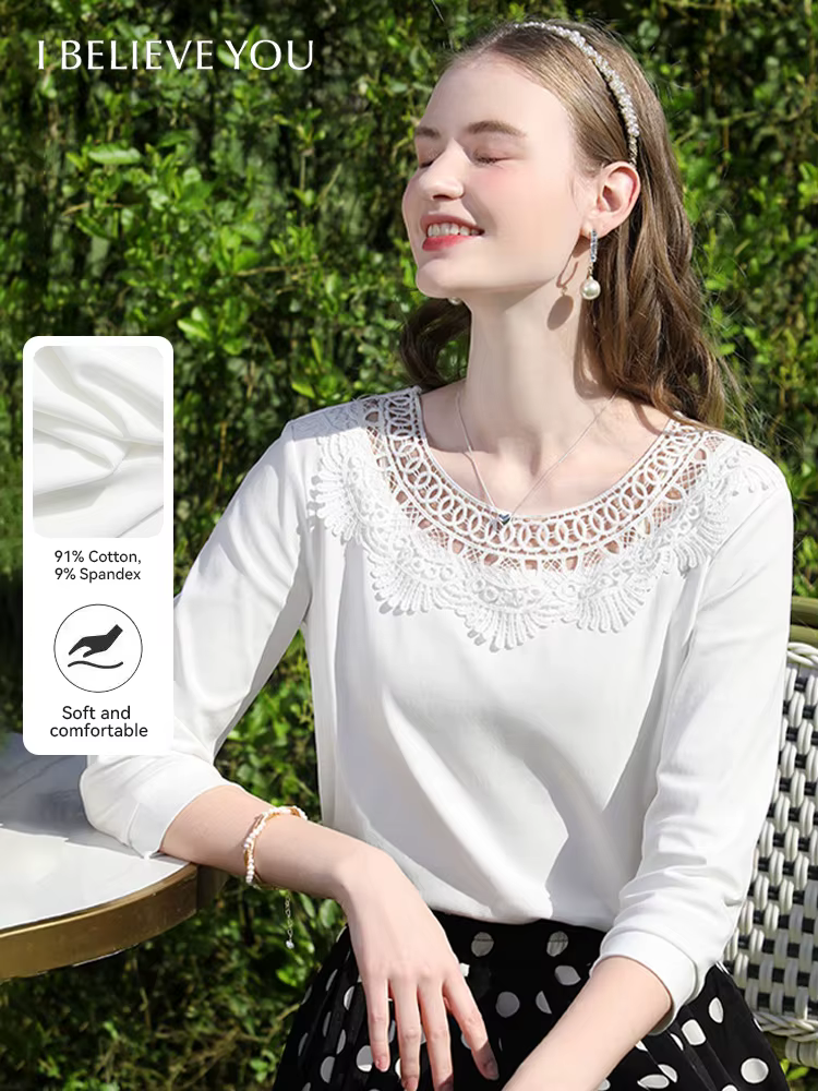 Je crois que vous T-shirt trois quarts blanc pour femmes printemps 2025 col rond hauts évidé broderie t-shirts occasionnels 2251015924