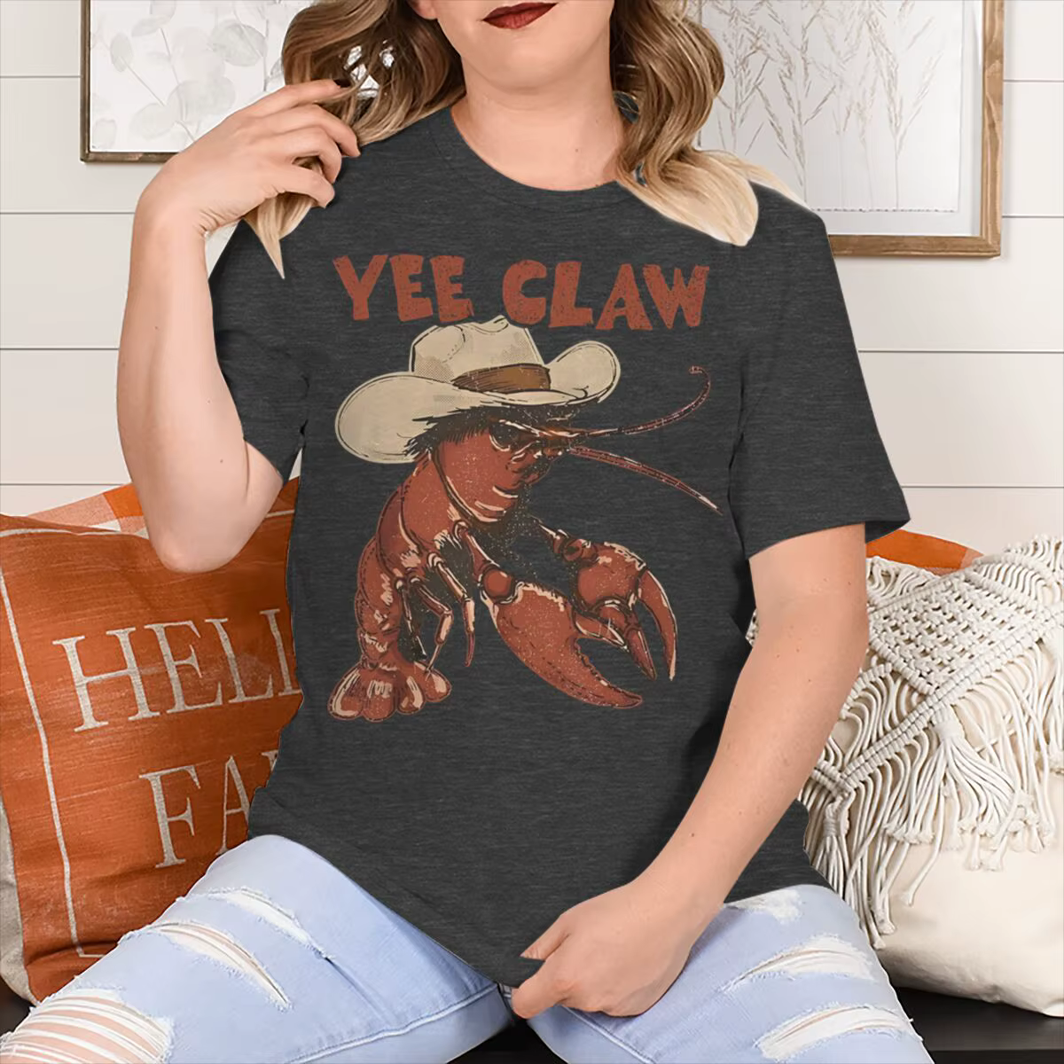 T-shirt unisexe tendance « Yee Claw » vintage à motif homard, manches courtes, col rond, streetwear amusant pour femmes et hommes
