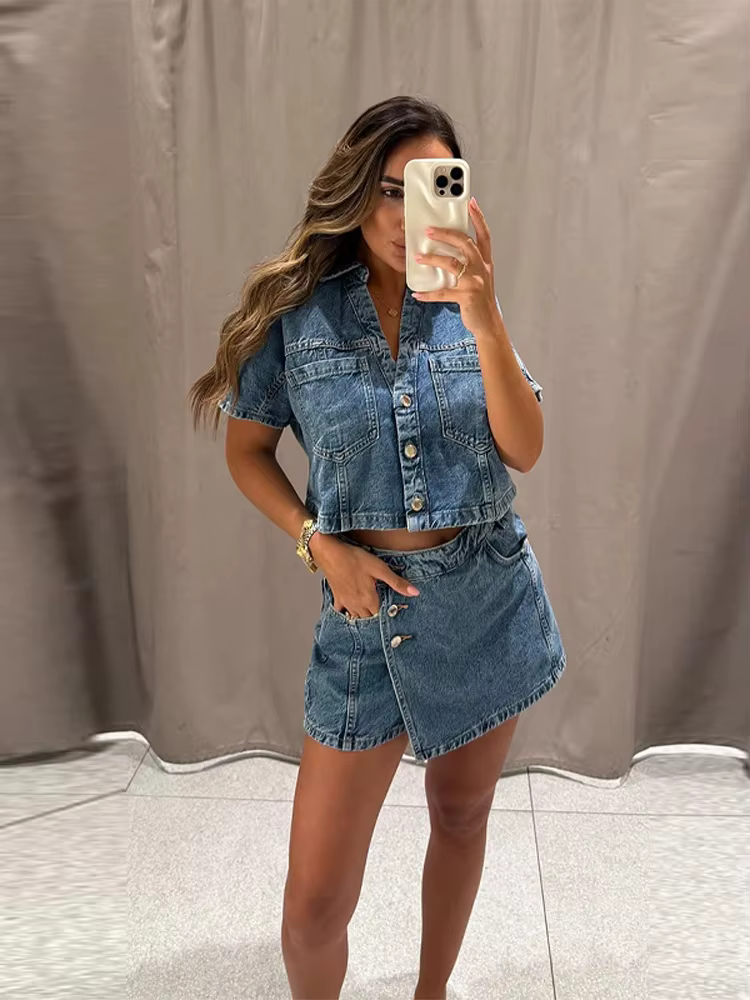 Ensembles de shorts en jean chics pour femmes ou chemises à manches courtes amples à col en V boutonnées ou t-shirts