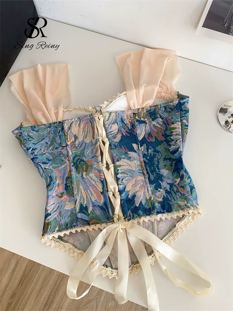 SINGREINY américain rétro imprimé soirée Camisole femme sangle dentelle épissé haut mince 2025 Streetwear Floral Vintage plage débardeur