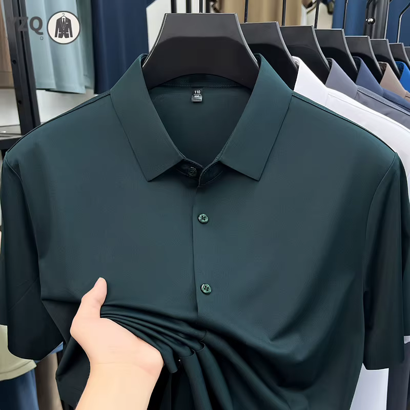 Chemise homme haut de gamme à manches courtes en soie glacée infroissable pour le bureau et le quotidien