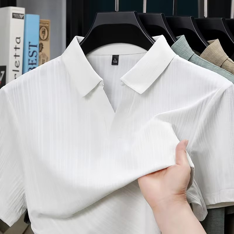 Chemises polo à manches courtes en lin mélangé texturé pour hommes