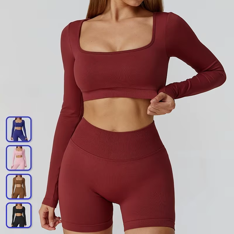 Nouveau dos Sexy évider à manches longues chemises de Yoga col carré séchage rapide hauts de course serré minceur gymnase Fitness T-Shirt avec coussinets