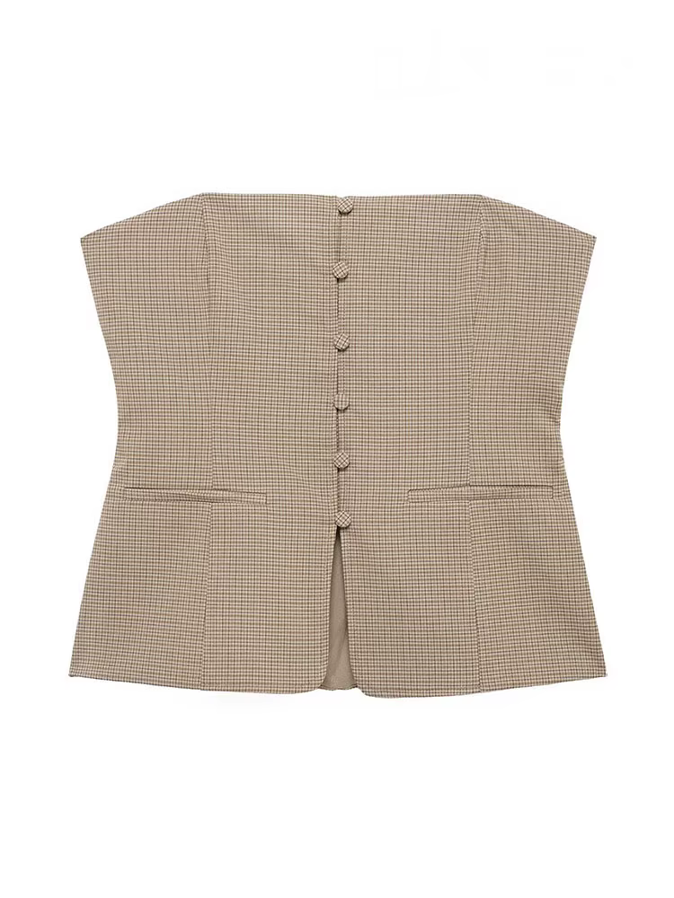 HH femmes été élégant épaules dénudées hauts courts femme mode vichy simple boutonnage poche décorer haut sans manches Mujer