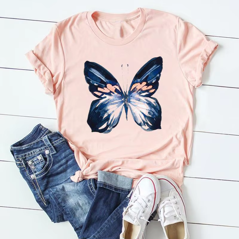 T-shirt à manches courtes imprimé papillon pour femmes