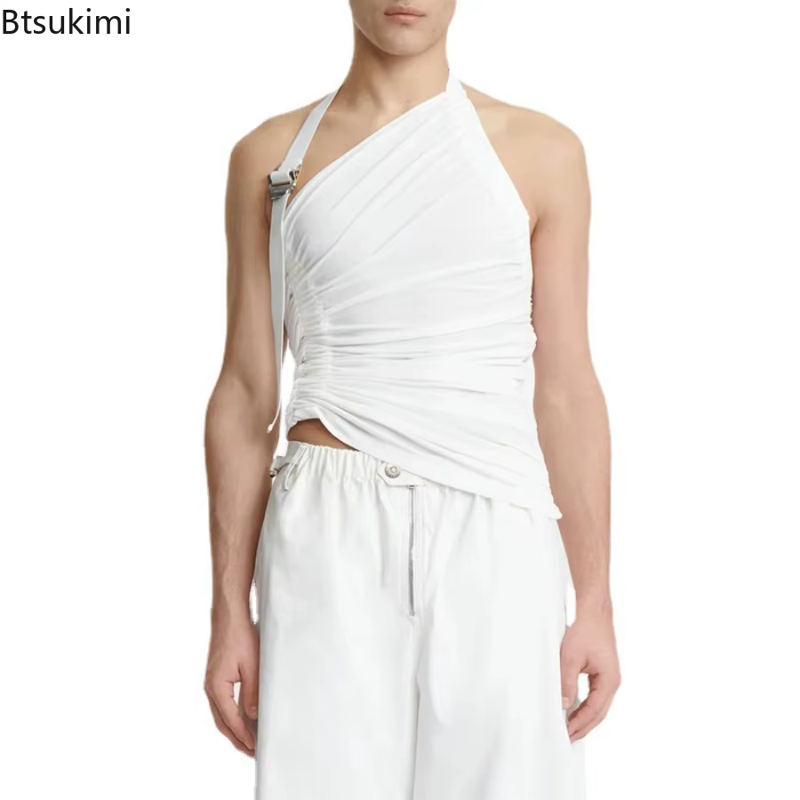 Nouveaux hommes personnalisés gilet hauts sangle épaule creux tricoté débardeurs élastique mince Fit