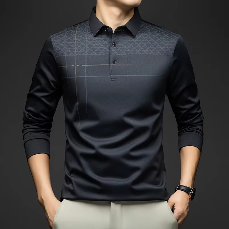 BROWON marque de luxe élégant formel Polo t-shirts hommes conception graphique à manches longues col de chemise bureau travail Polo hauts homme vêtements