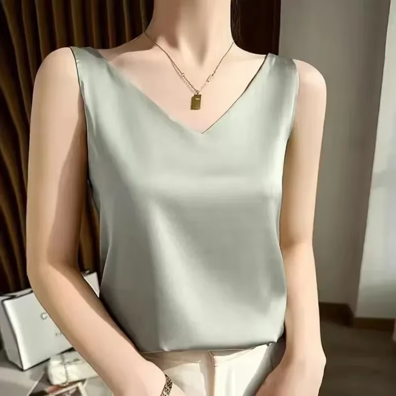 Débardeurs pour femmes sans manches col en V Satin soie Camisole mode été solide gilet ample dames hauts Streetwear