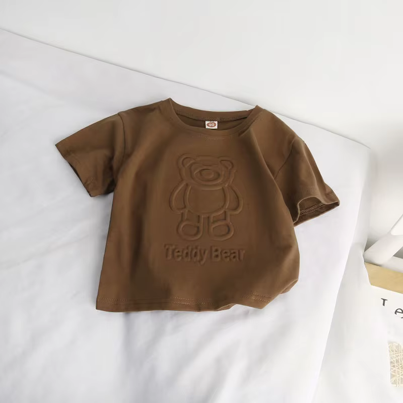 T-shirt imprimé ours mignon pour enfants, nouveaux vêtements d'été pour garçons et filles, hauts de couleur unie, décontracté et ample, pull à col ras du cou