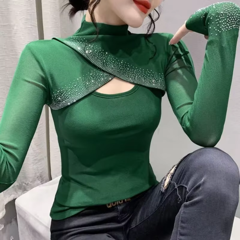 T-shirt à manches longues pour femmes noir paillettes printemps haut d'automne femme strass