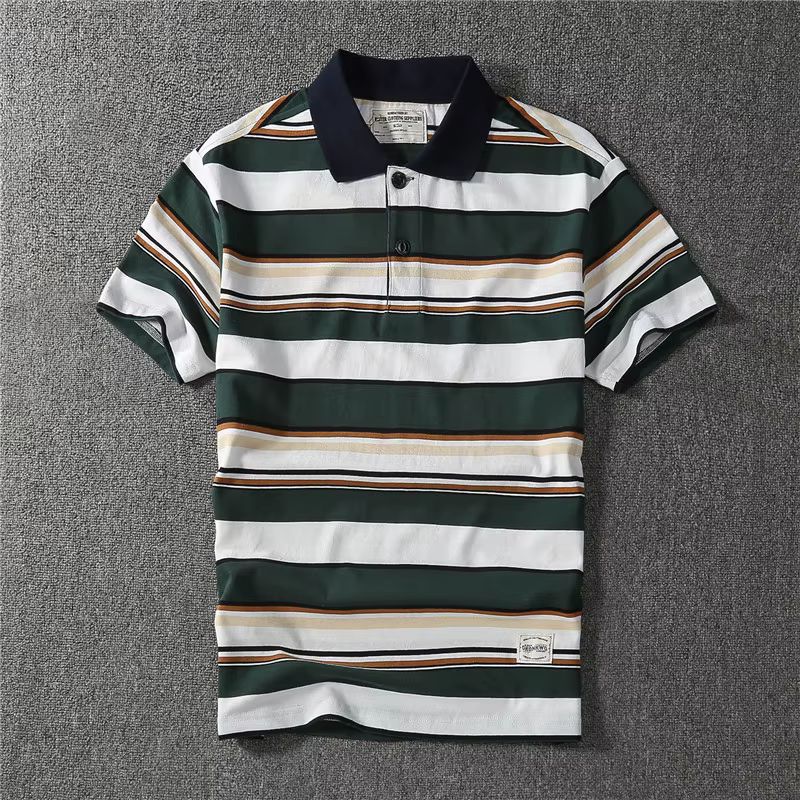 Coton épais May kaki vintage couleur contraste revers rayé polo à manches courtes T-shirt hommes mode