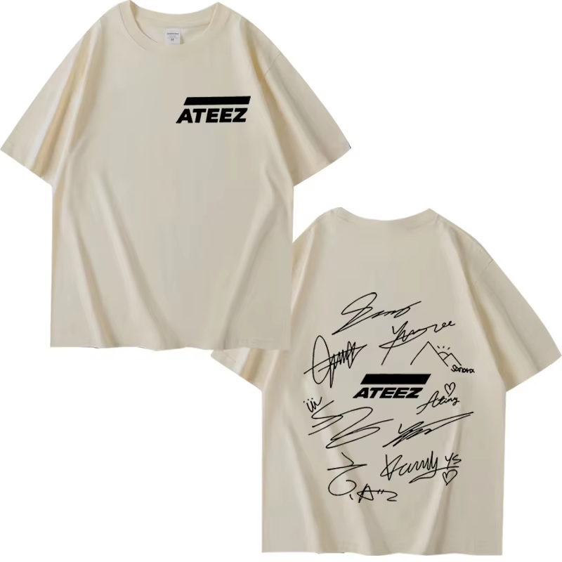T-shirt ATEEZ World Tour avec signatures des membres du groupe et imprimé géométrique au dos