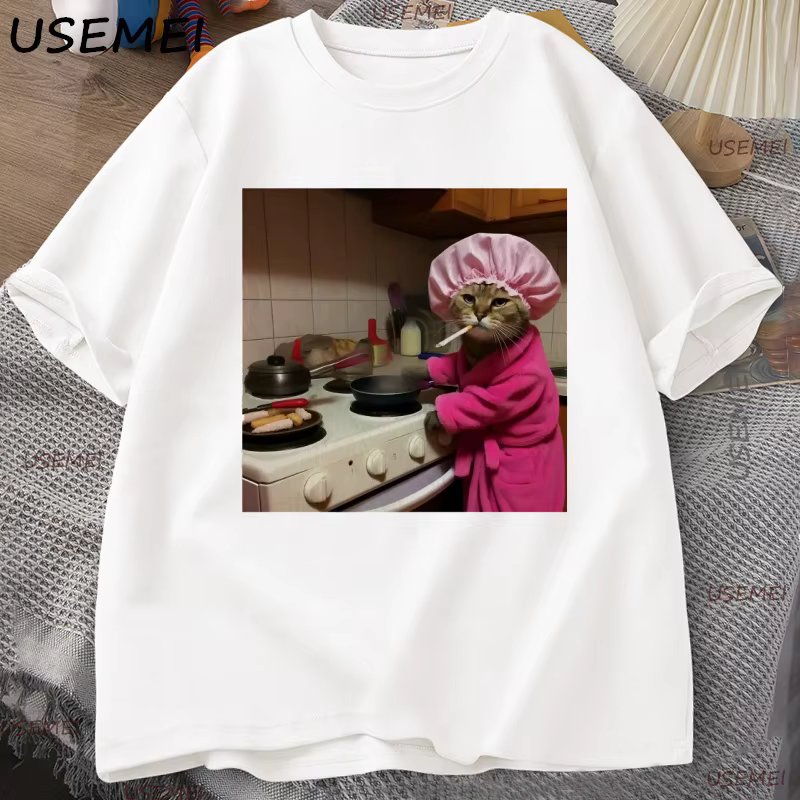 Drôle femme au foyer chat T-Shirt Vintage coton à manches courtes Gen Z blague